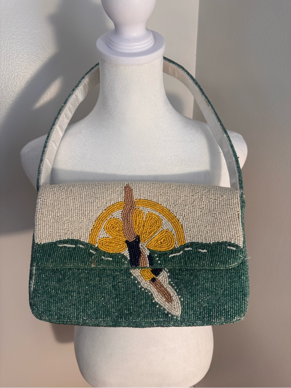 Beaded Lemon Swim Motif Shoulder Bag - Green & Yellow